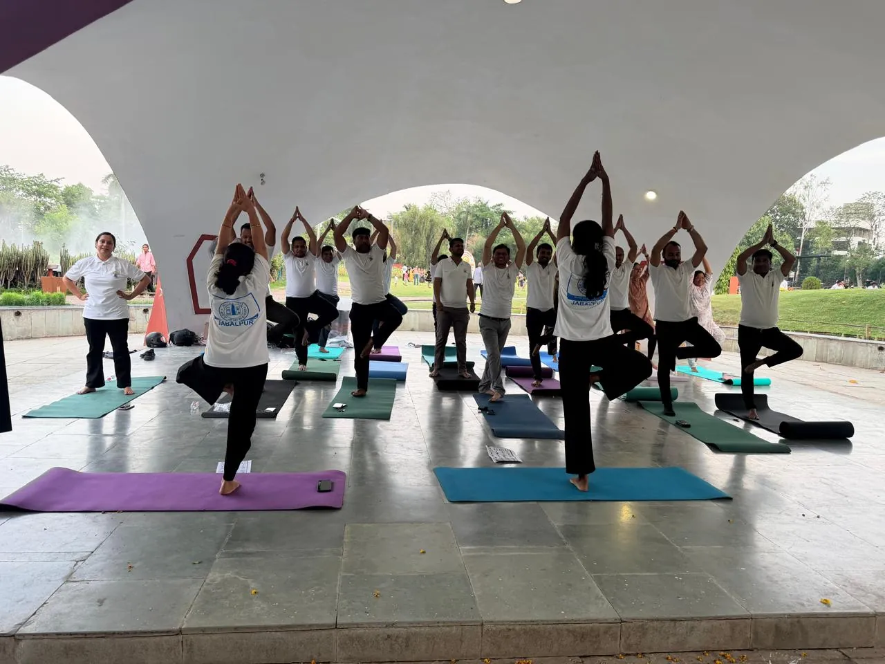 A group in matching T-shirts standing in tree pose on mats in an open pavilion