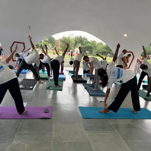 Group session in the park: triangle stretch, June 2026