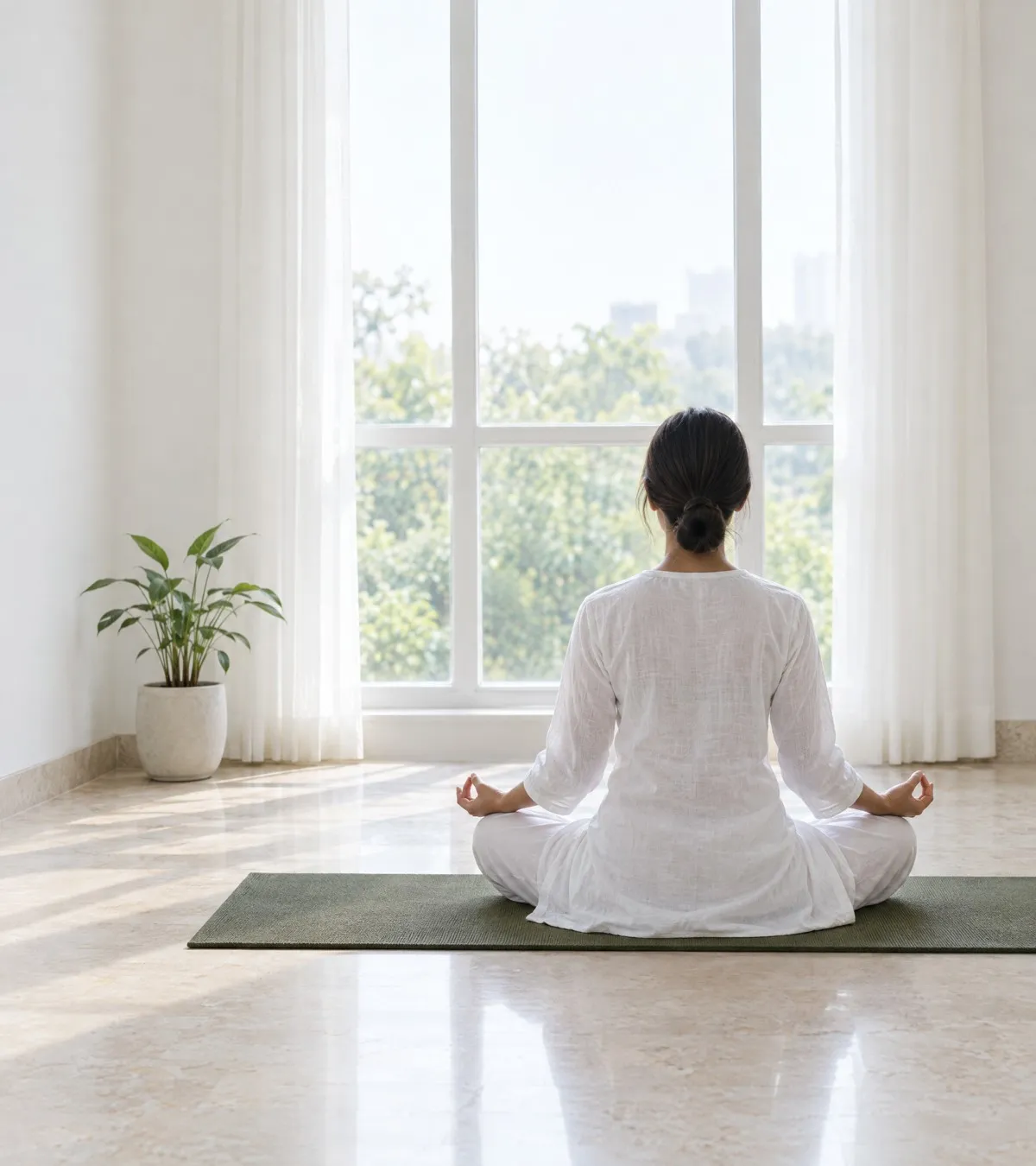 A practitioner in white cotton seated in meditation on an olive mat, facing a tall sunlit window