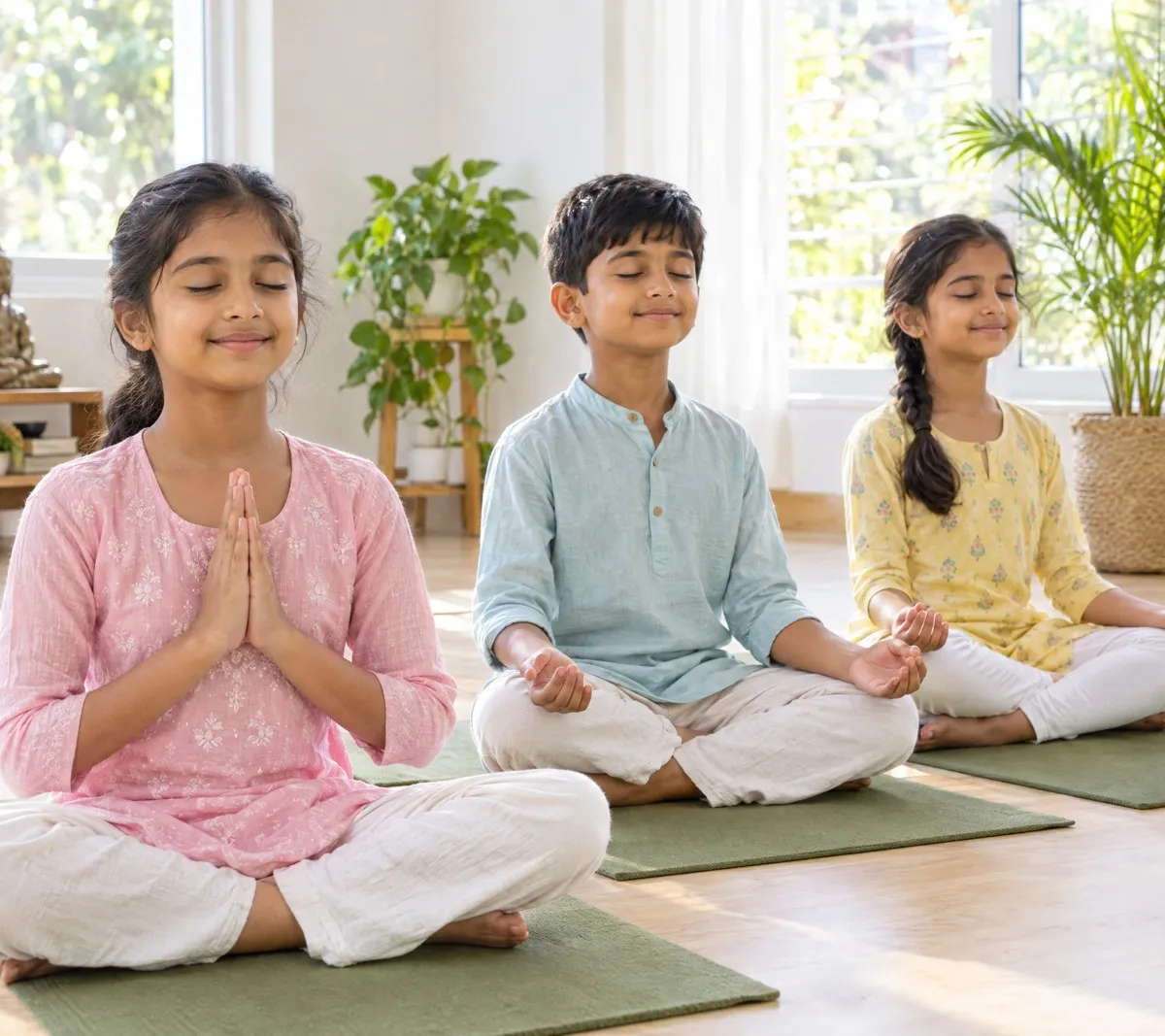 Three children sitting cross-legged on mats with eyes closed, meditating in a sunny room